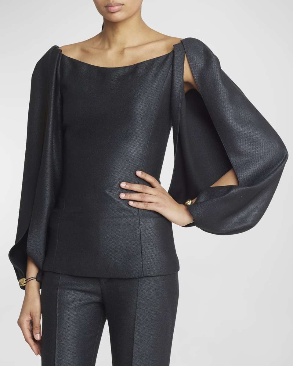 Beaded Blouson Slit-Sleeve Armoured Silk Wool Blouse